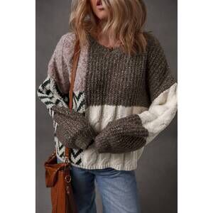 NEW SHEWIN patchwork cozy sweater in brown multi